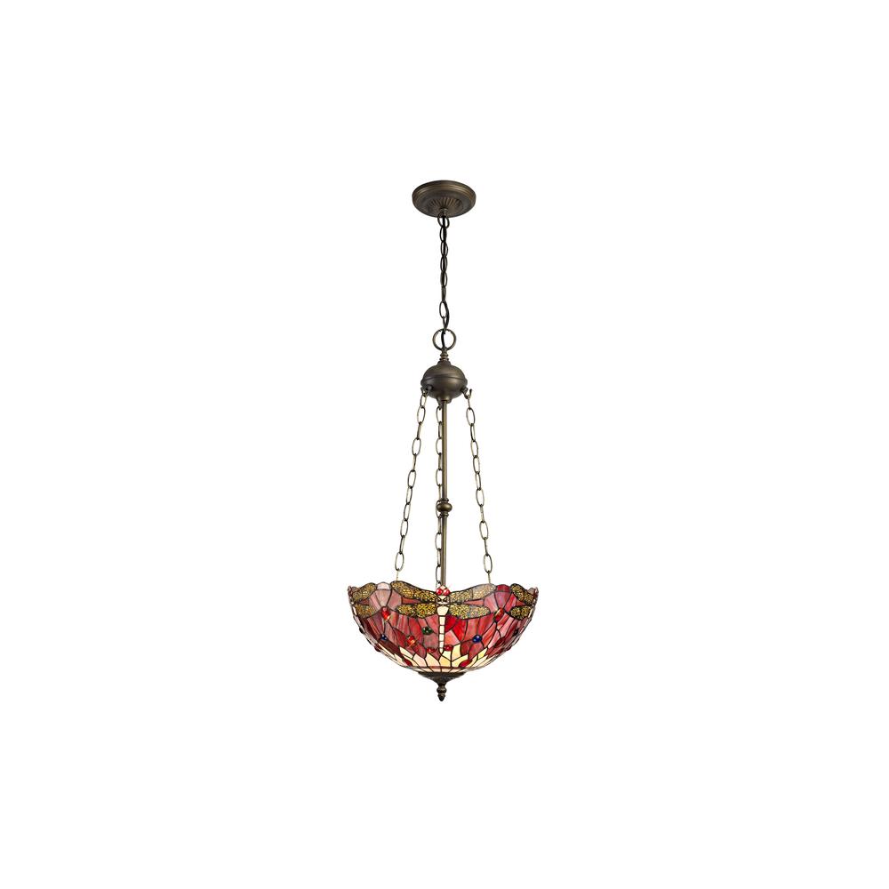 Luxuria Broadway 41cm 3 Light Uplighter Pendant E27 With 40cm Tiffany Shade Purple/Pink/Crystal/Aged Antique Brass