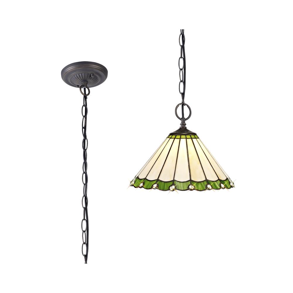 Luxuria Sleek 2 Light Downlighter Pendant E27 With 30cm Tiffany Shade Green/Cream/Crystal/Aged Antique Brass