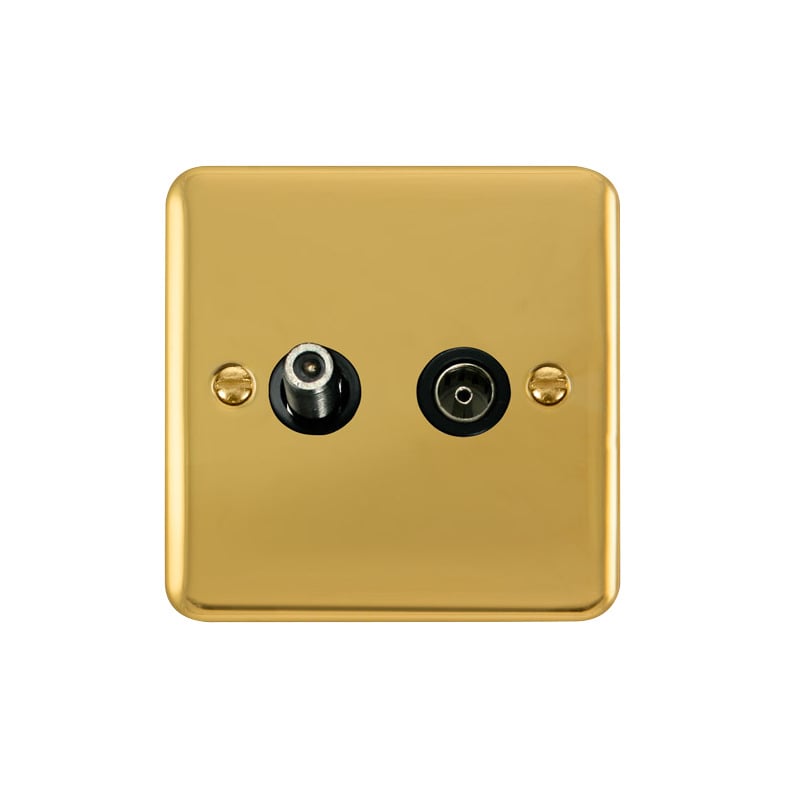 Click Deco Plus Twin Non-Isolated Satellite & Non-Isolated Coaxial Outlet Polished Brass Black Inserts