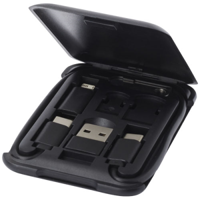 SAVVY RECYCLED PLASTIC MODULAR CHARGER CABLE with Mobile Phone Holder in Solid Black.