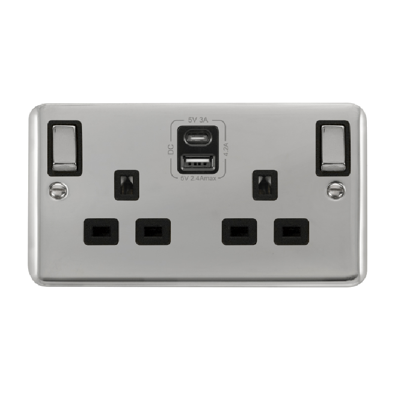 Click Deco Plus 13A Ingot 2G Switched Socket Outlet With Type A & C USB 4.2A Outlets Polished Chrome Black Inserts