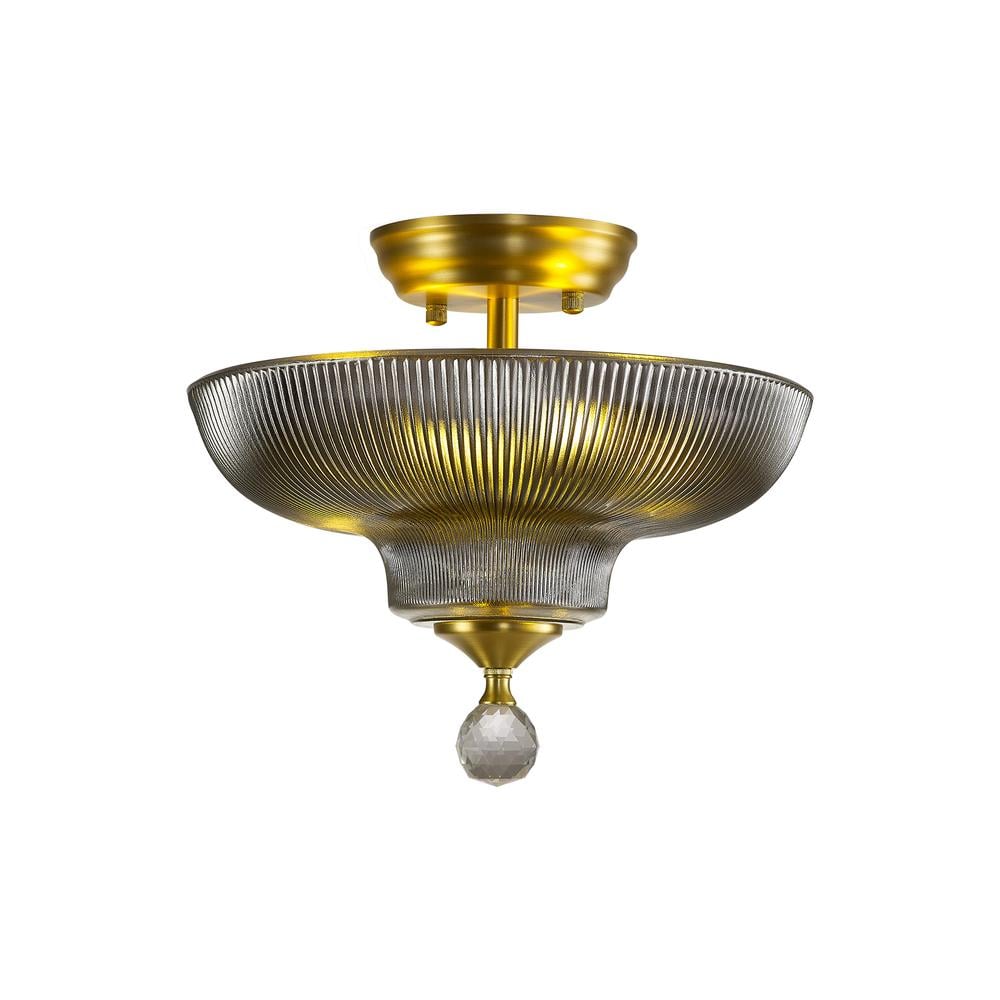 Luxuria Sirius Flush Ceiling Light 2xE27 With Round 30cm Glass Shade Satin Gold/Smoked