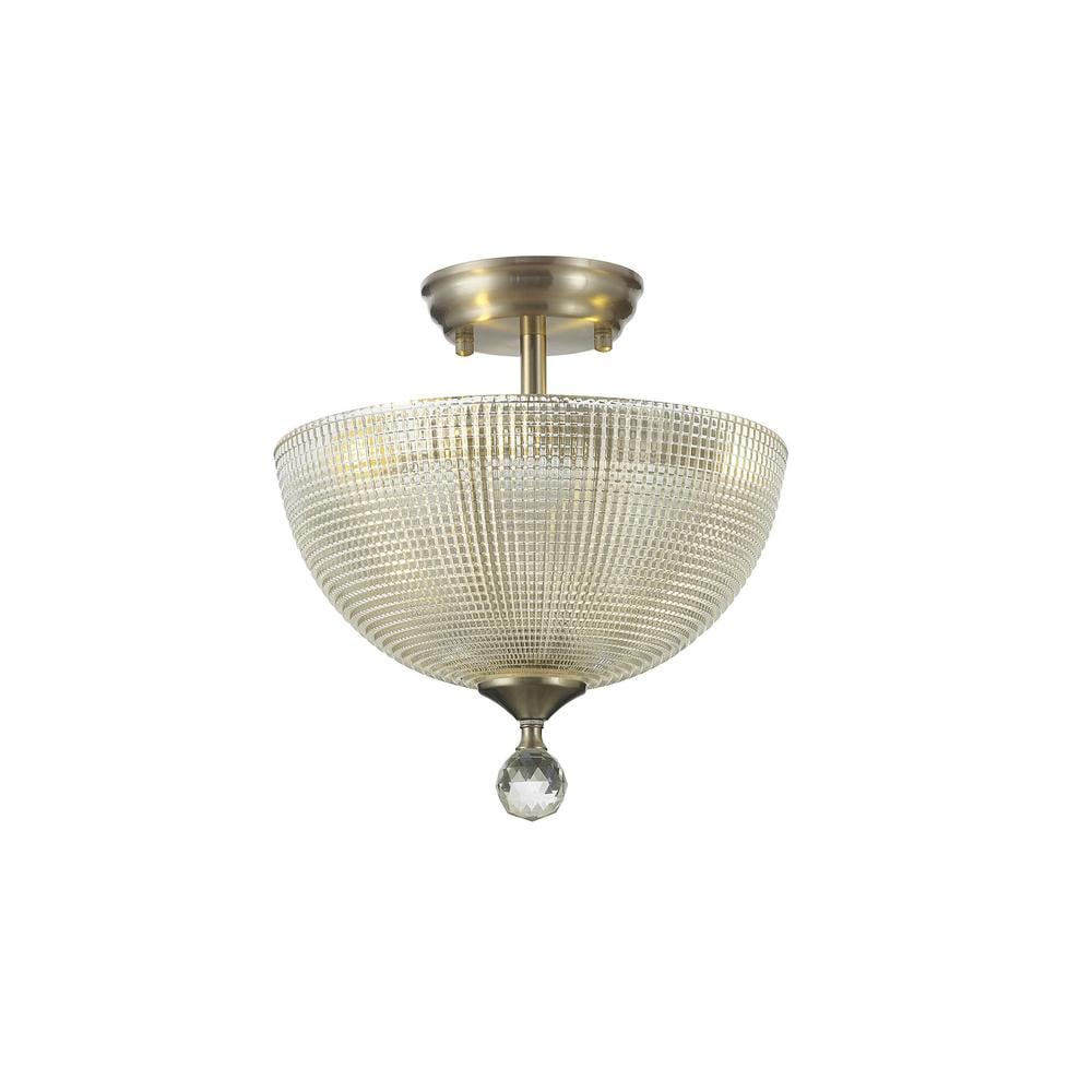 Luxuria Sirius Flush Ceiling Light 2xE27 With Round 30cm Prismatic Effect Glass Shade Satin Nickel/Clear