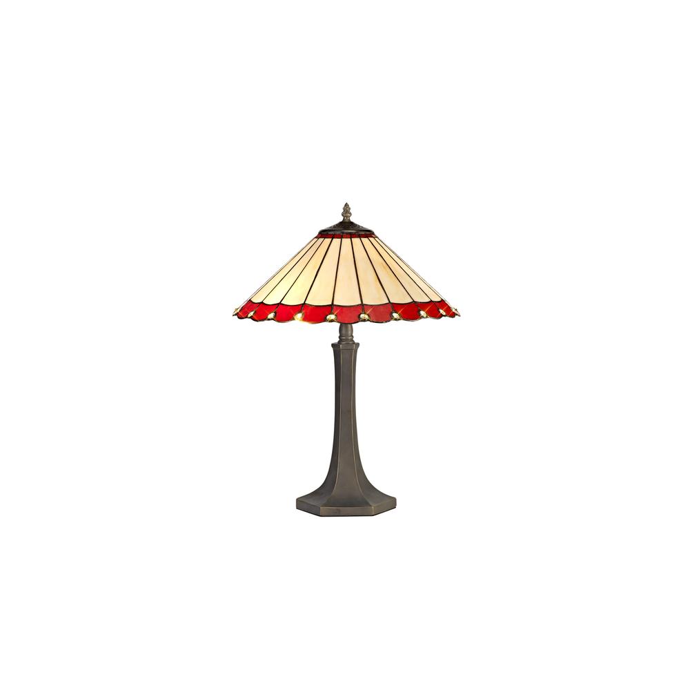 Luxuria Sleek 2 Light Octagonal Table Lamp E27 With 40cm Tiffany Shade Red/Cream/Crystal/Aged Antique Brass