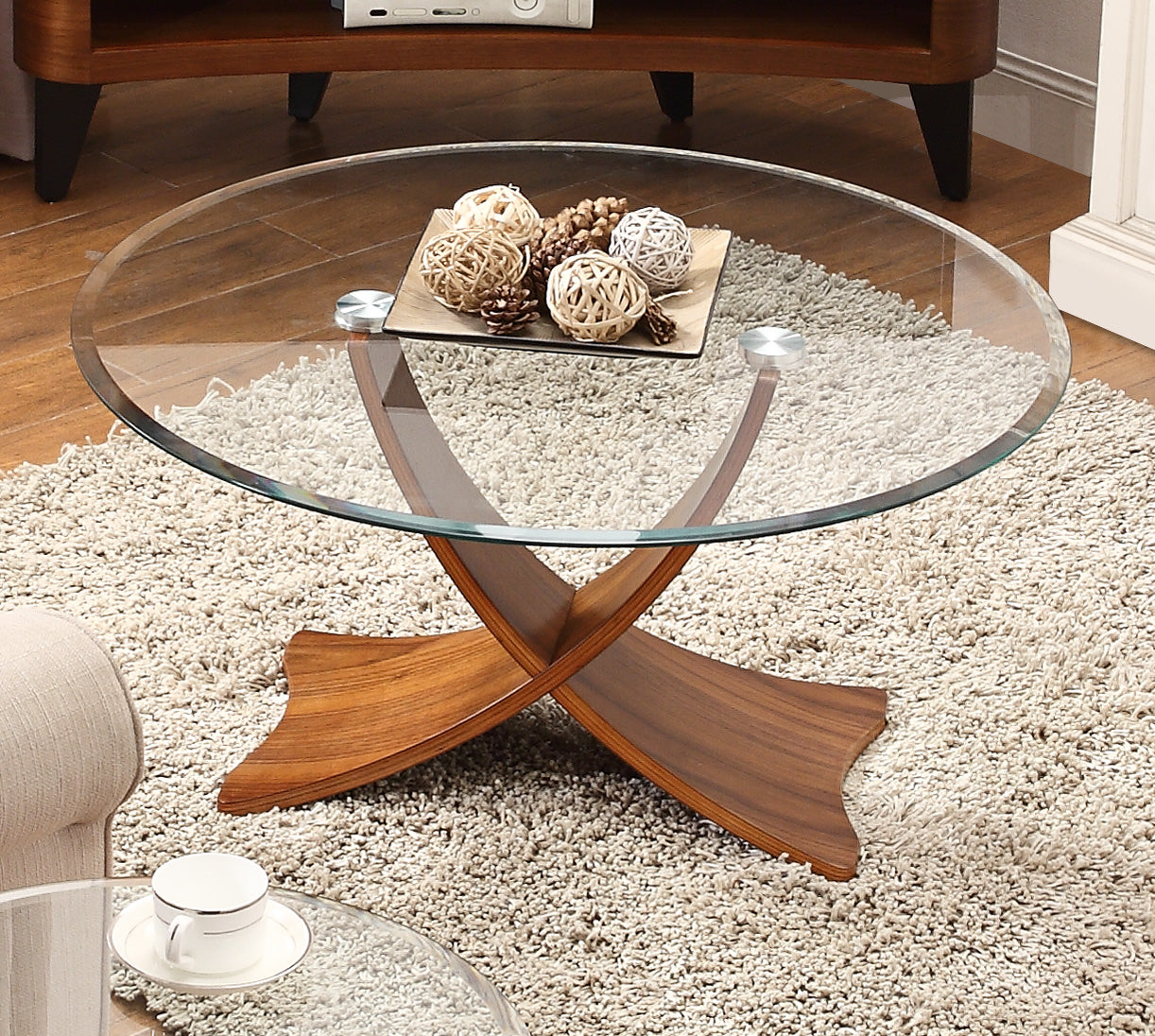 Specialising In Round Clear Glass Coffee Table with Walnut Veneer - 800mm - JF308 North Yourkshire