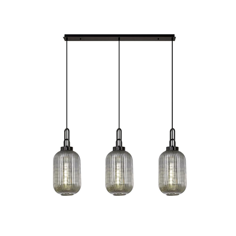 Luxuria Kennith Linear 3 Light Pendant E27 With 20cm Tubular Ribbed Glass Smoked Black Chrome/Matt Black