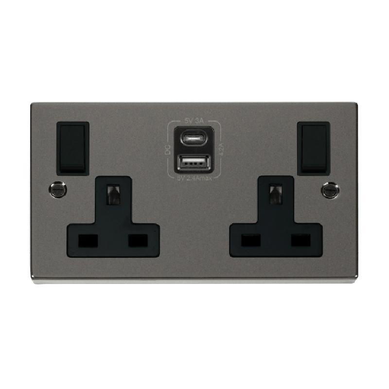 Click Deco 2G 13A Switched Socket With Type A & C USB 4.2A Outlets Black Nickel Insert Black