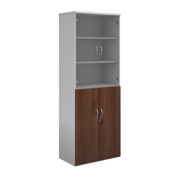 Duo Combination Unit with Glass Upper Doors 5 Shelves - Walnut and White