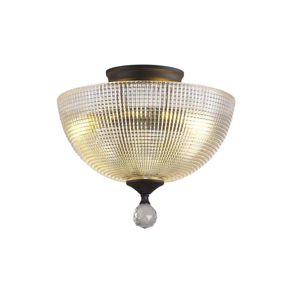 Luxuria Sirius Flush Ceiling Light 2xE27 With Round 30cm Prismatic Effect Glass Shade Graphite/Clear