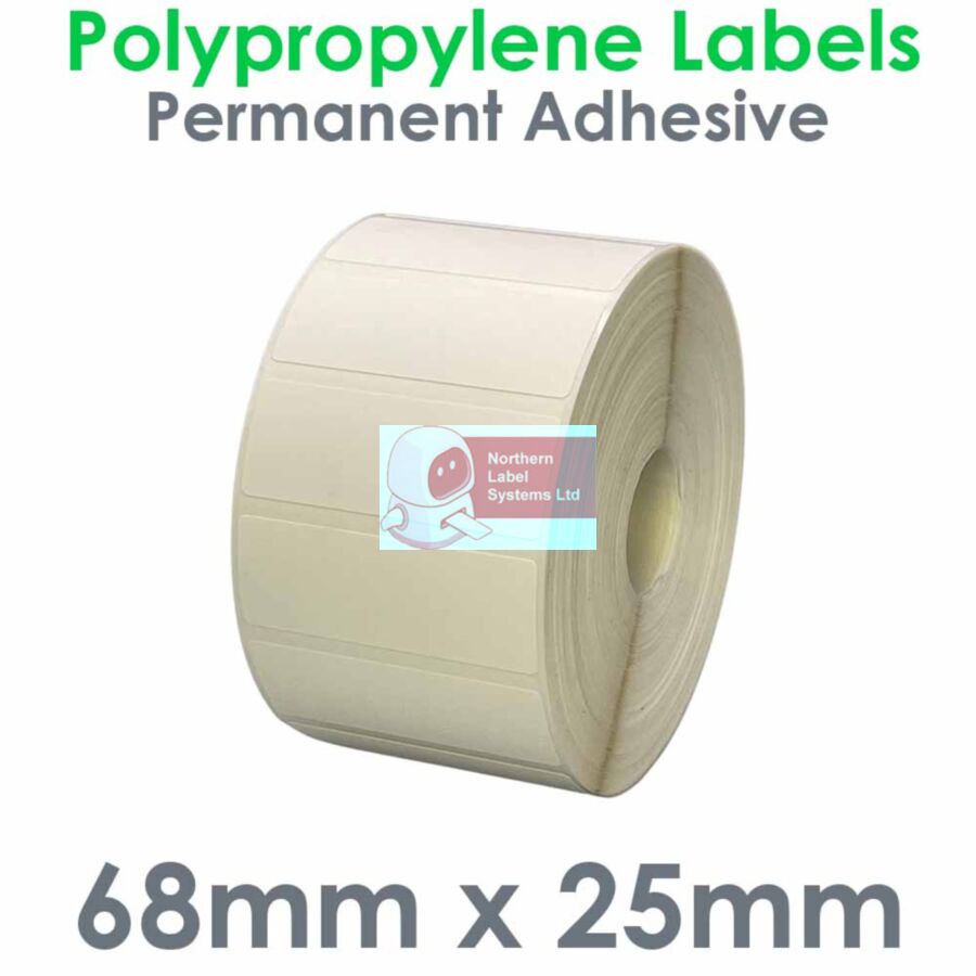 068025MPNPW1-5000PE, 68mm x 25mm, Matt White Polpropylene Label, Permanent Adhesive, FOR LARGER LABEL PRINTERS