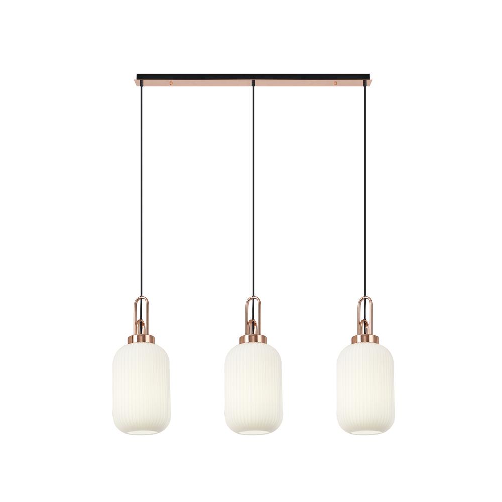 Luxuria Kennith Linear 3 Light Pendant E27 With 20cm Tubular Ribbed Glass Opal Copper/Matt Black