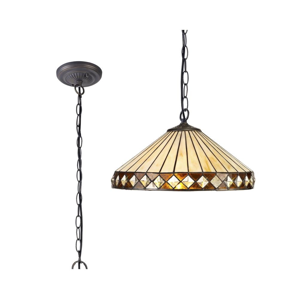 Luxuria Peacock Feather 41cm 1 Light Downlighter Pendant E27 With 40cm Tiffany Shade Amber/Cream/Crystal/Aged Antique Brass