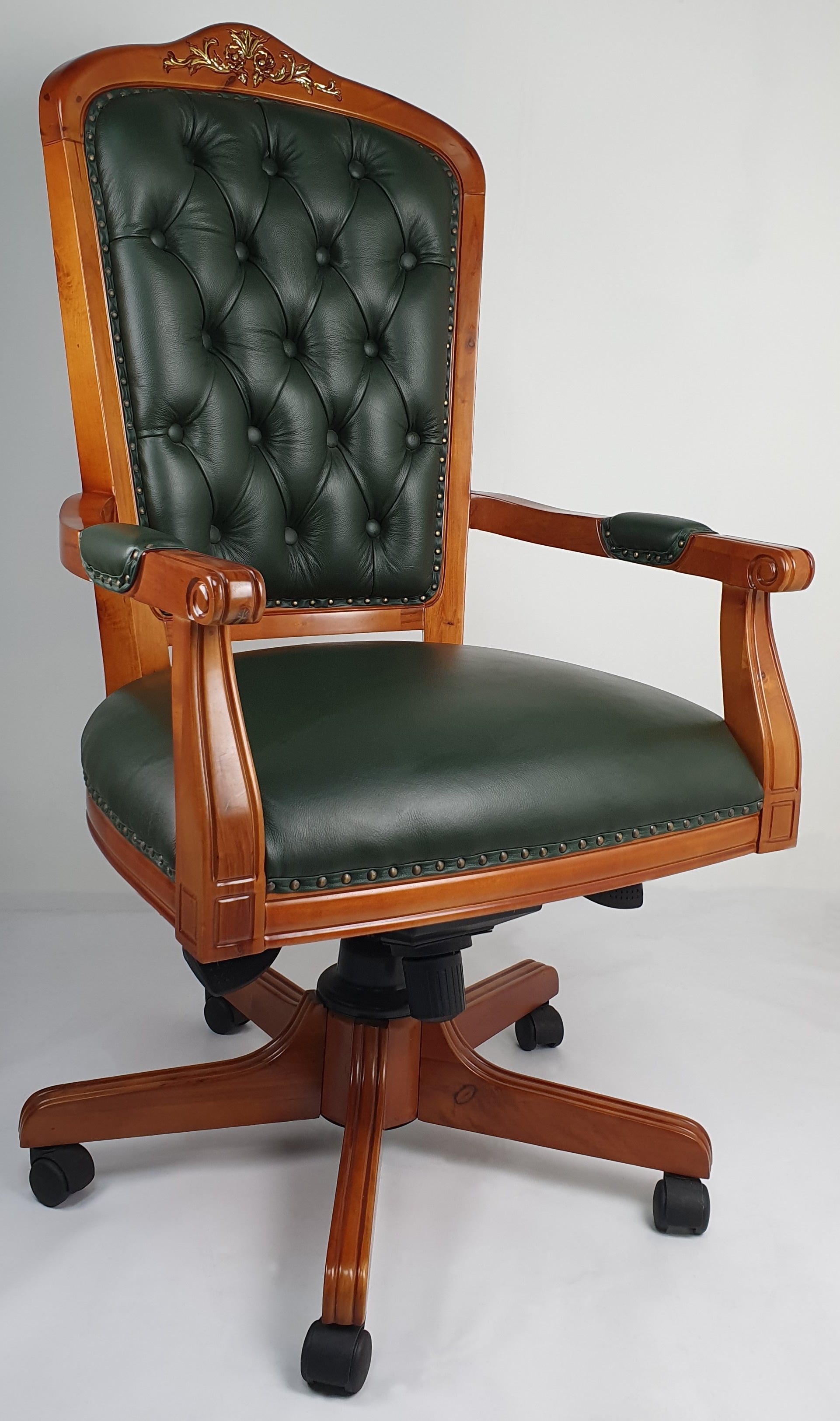 Solid Wood Frame High Back Real Green Leather Chesterfield Captains Chair - HSN-CPT-02