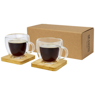 MANTI 2-PIECE 100 ML DOUBLE-WALL GLASS CUP with Bamboo Coaster in Clear Transparent & Natural.