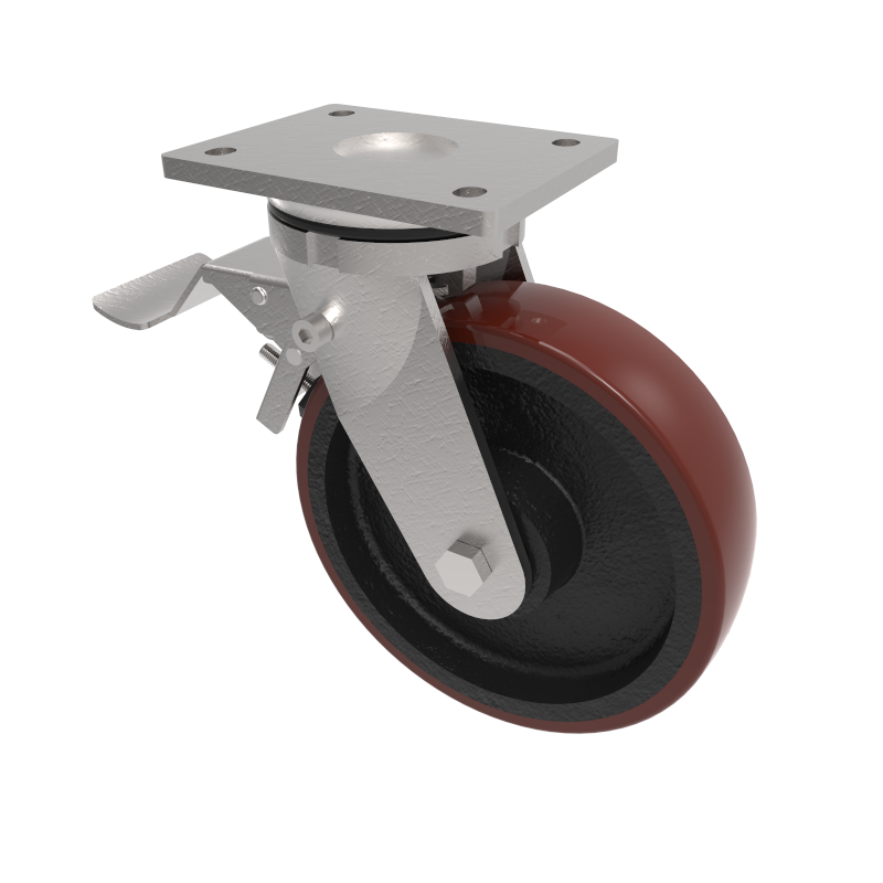 Polyurethane Cast Iron Plate Swivel Castor Brake 200mm 1300kg Load