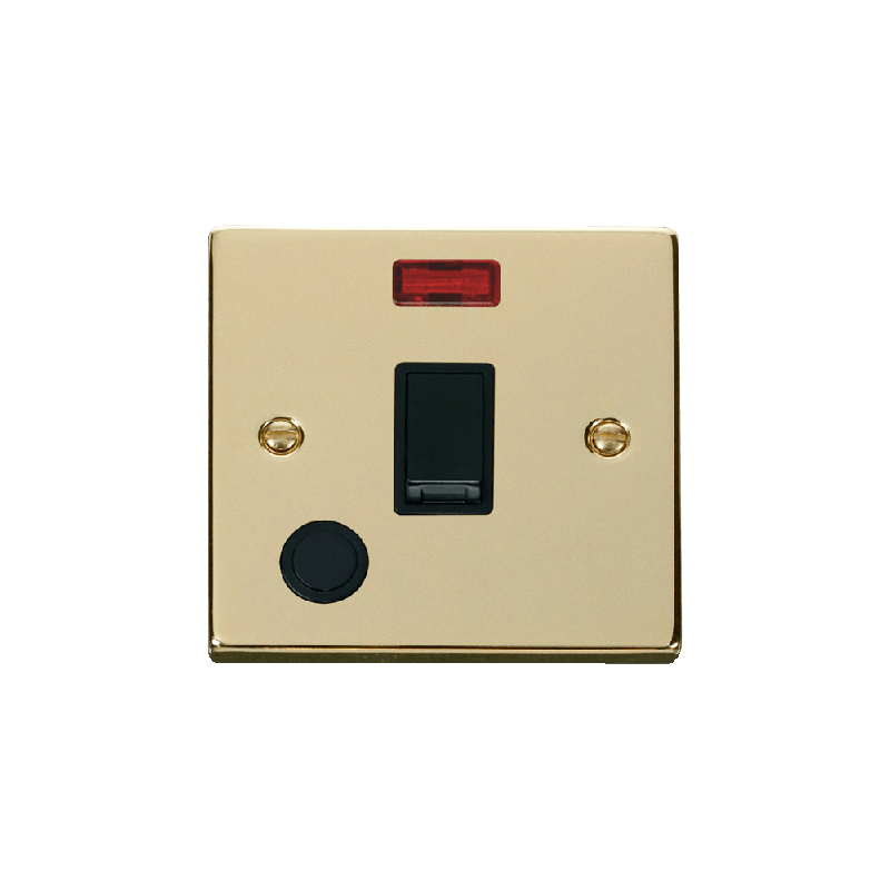 Click Deco 20A 1 Gang DP Switch with Flex Outlet and Neon Polished Brass Insert Black