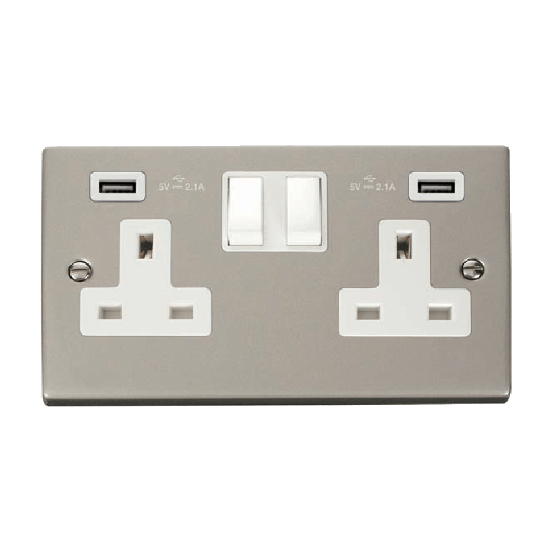 Click Deco 13A 2G Switched Socket with Twin 2.1A USB Outlets Pearl Nickel Insert White