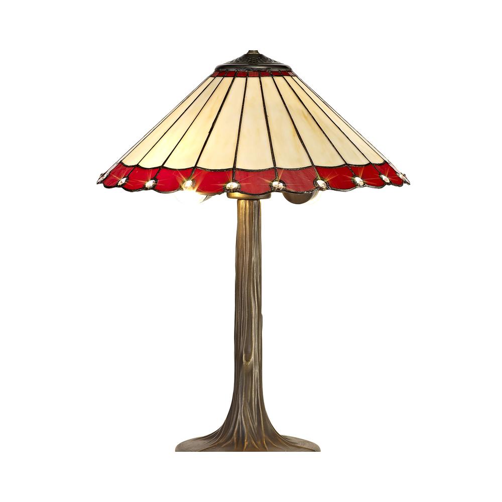 Luxuria Sleek 2 Light Tree Like Table Lamp E27 With 40cm Tiffany Shade Red/Cream/Crystal/Aged Antique Brass