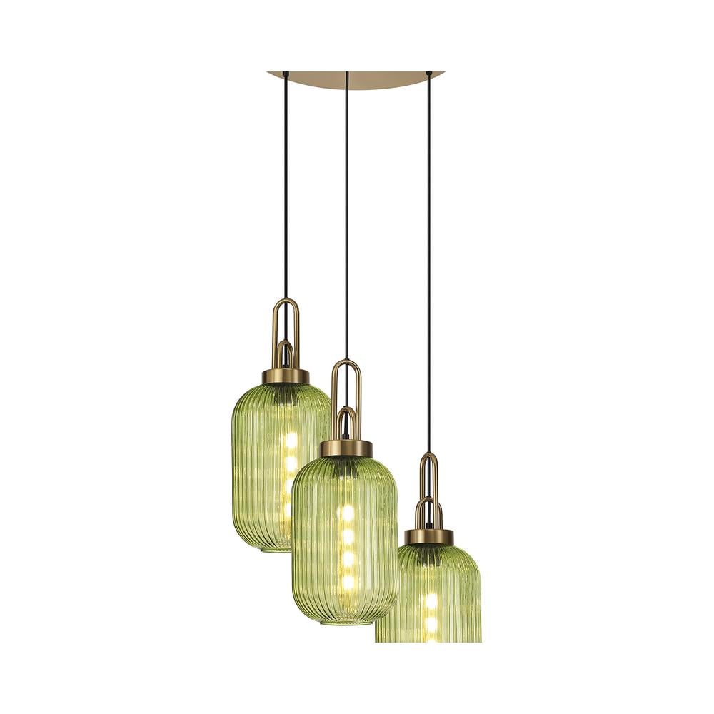 Luxuria Kennith 55cm 2m Round Pendant 3 Light E27 With 20cm Tubular Ribbed Glass Brass Gold / Green / Matt Black