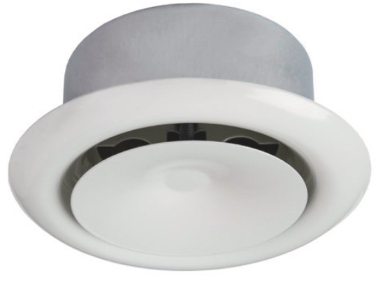 TFFC-200-SW is a circular supply air valve for ceiling installation, 200mm diameter, RAL9010