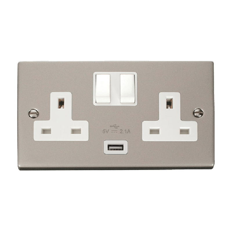 Click Deco 13A 2G Switched Socket With USB Outlet Pearl Nickel Insert White