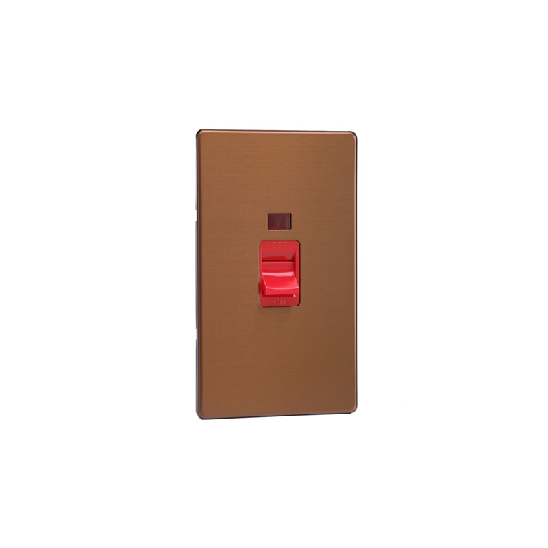 Varilight Urban 45A Cooker Red Rocker Switch with Neon Vertical Twin Plate Brushed Bronze Screw Less Plate