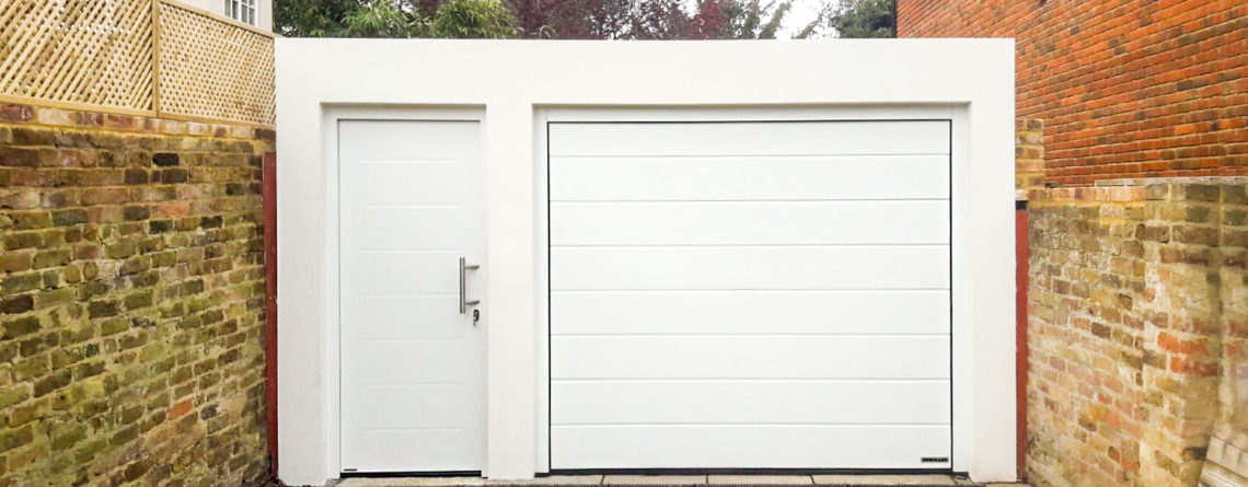 Hormann LPU42 M-Ribbed Sectional Garage Door and Thermo 65 Front Door in White