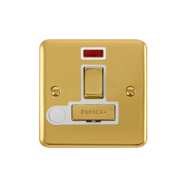 Click Deco Plus Switched Fused Spur Polished Brass White Inserts Neon Light + Flex Outlet