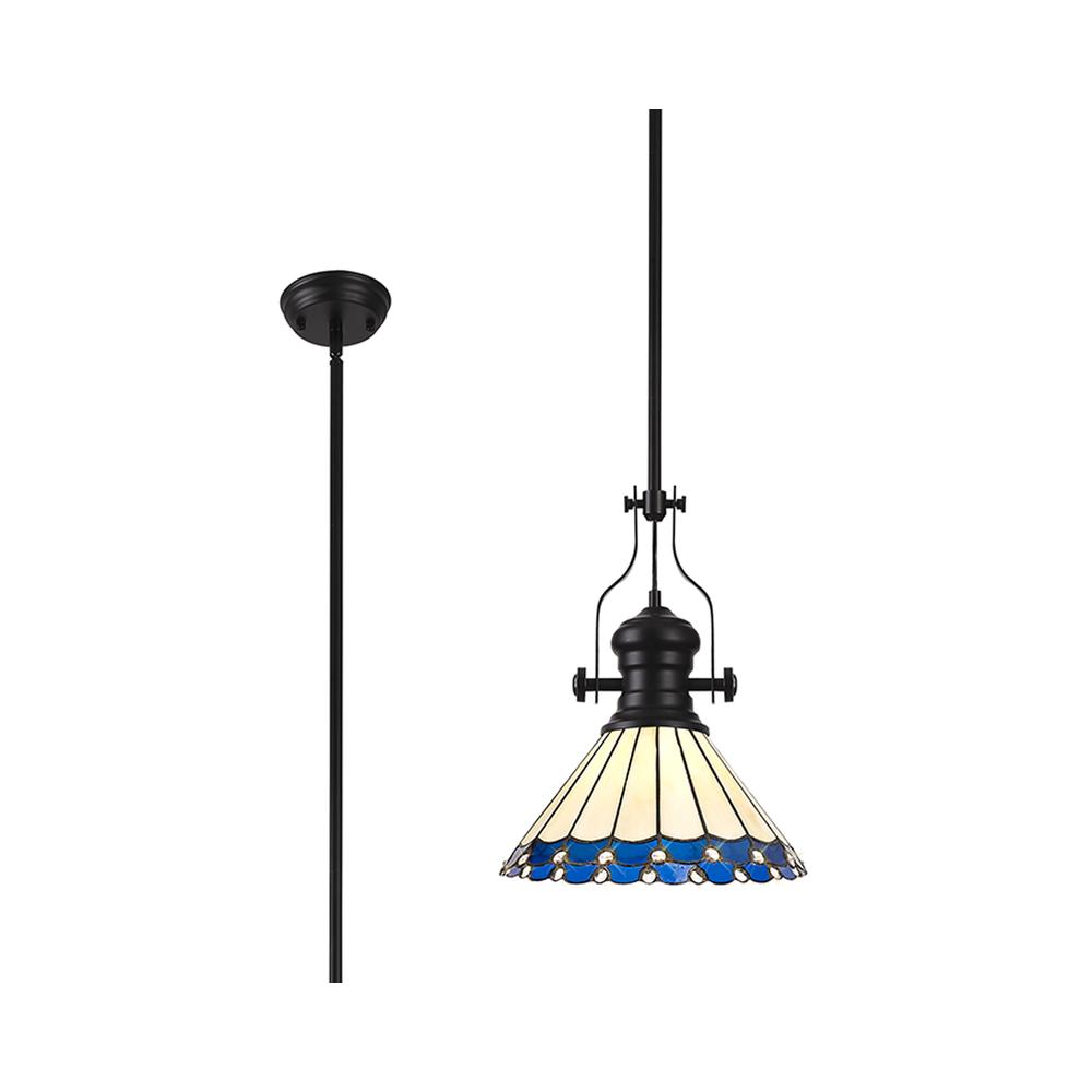 Luxuria Sleek Pendant Light E27 With 30cm Tiffany Shade Matt Black/Blue/Cream/Crystal