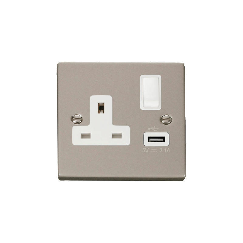 Click Deco 13A 1G Switched Socket Outlet With USB Outlet Pearl Nickel Insert White