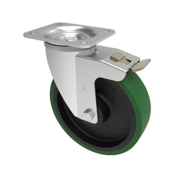 Polyurethane (Green) Plate Swivel Castor Brake 200mm 350kg Load