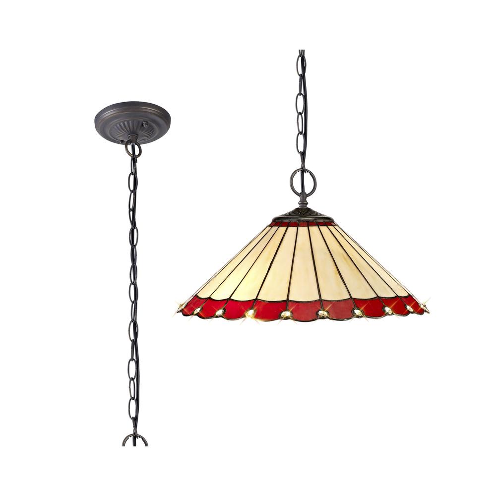 Luxuria Sleek 40.5cm 2 Light Downlighter Pendant E27 With 40cm Tiffany Shade Red/Cream/Crystal/Aged Antique Brass