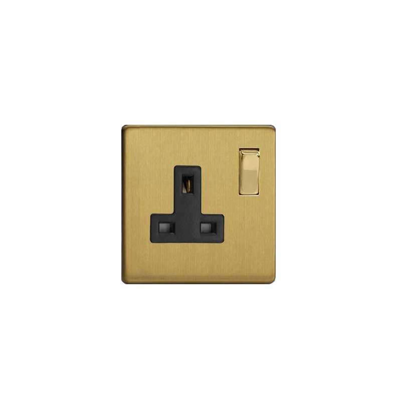 Varilight Screw Less Brushed Brass 1 Gang 13A Switched Socket Black