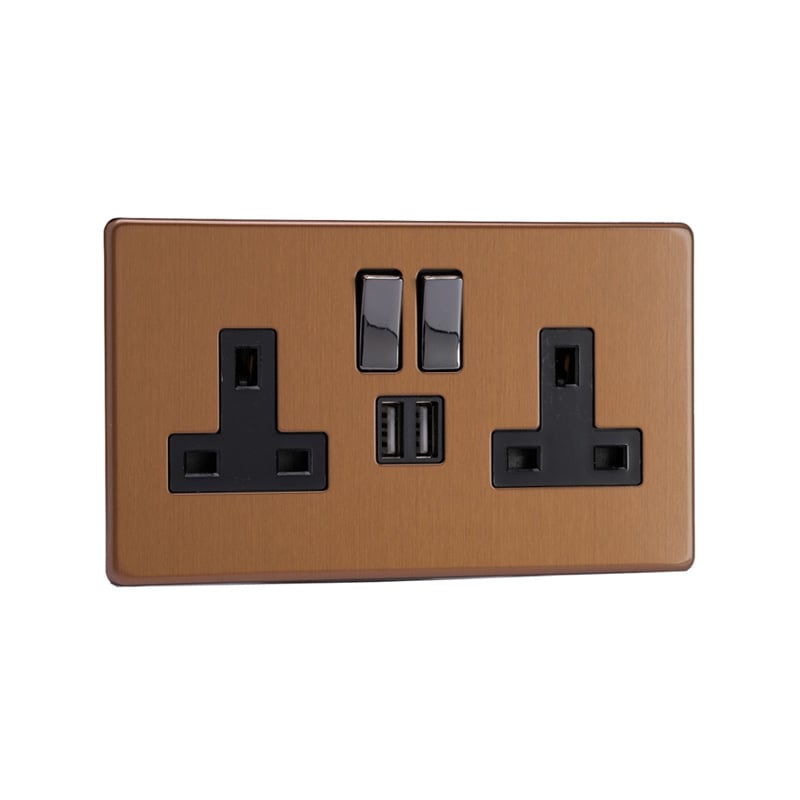 Varilight Urban 2G 13A SP Switched Socket with USB Charging Ports Brushed Bronze Screw Less Plate