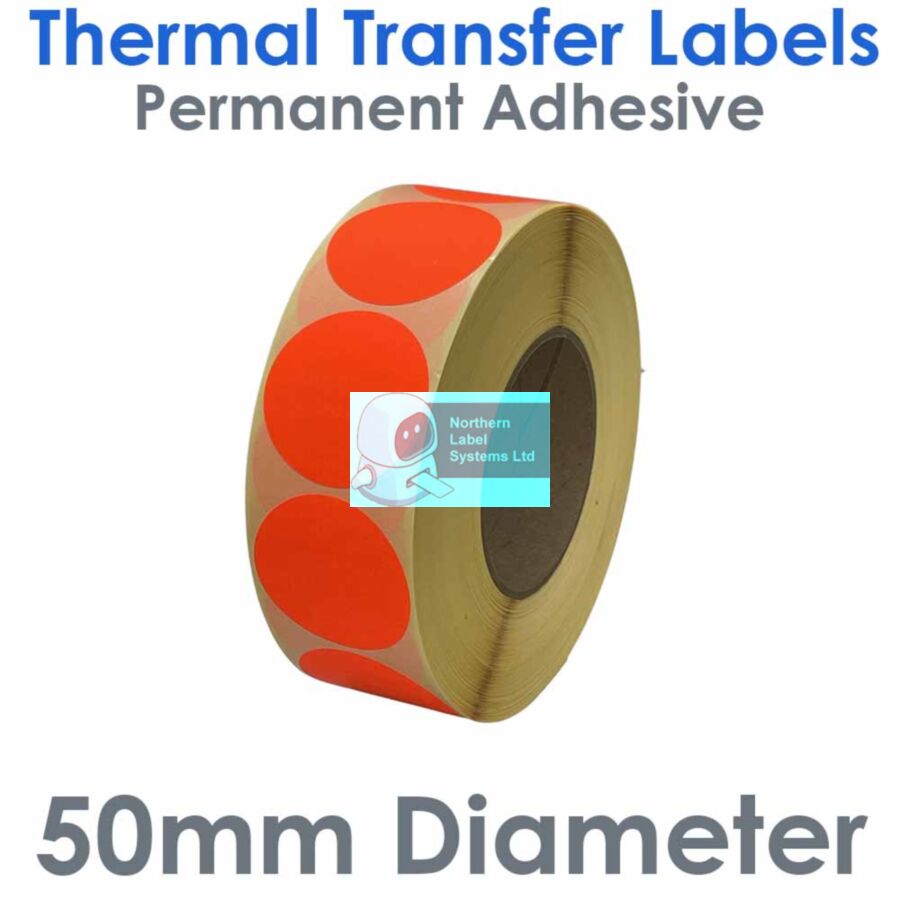 050DIATTNPR1-2000FL, 50mm Diameter Circle, FLUORESCENT RED, Thermal Transfer Labels, Permanent Adhesive, 2,000 per roll, FOR LARGER LABEL PRINTERS