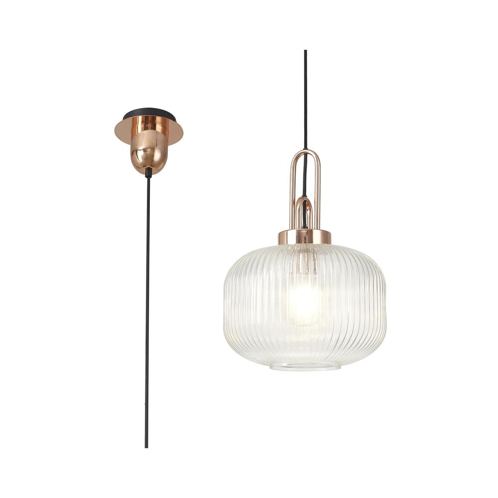 Luxuria Kennith Pendant Light E27 With 30cm Pumpkin Shaped Ribbed Glass Clear Copper/Matt Black