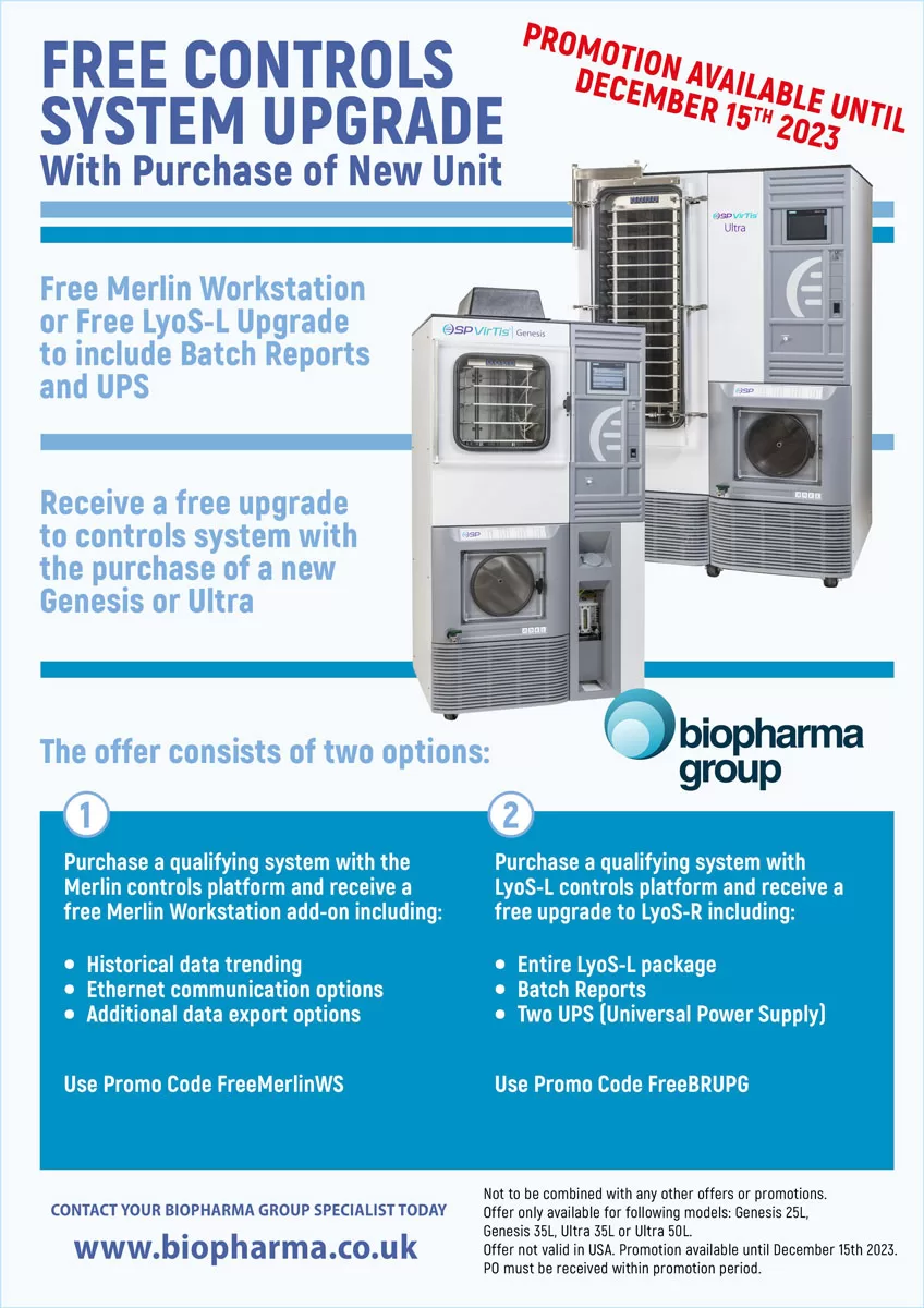  FREE CONTROL SYSTEM UPGRADE WITH A PURCHASE OF A NEW GENESIS OR ULTRA FREEZE DRYER UNTIL 15/12/2023