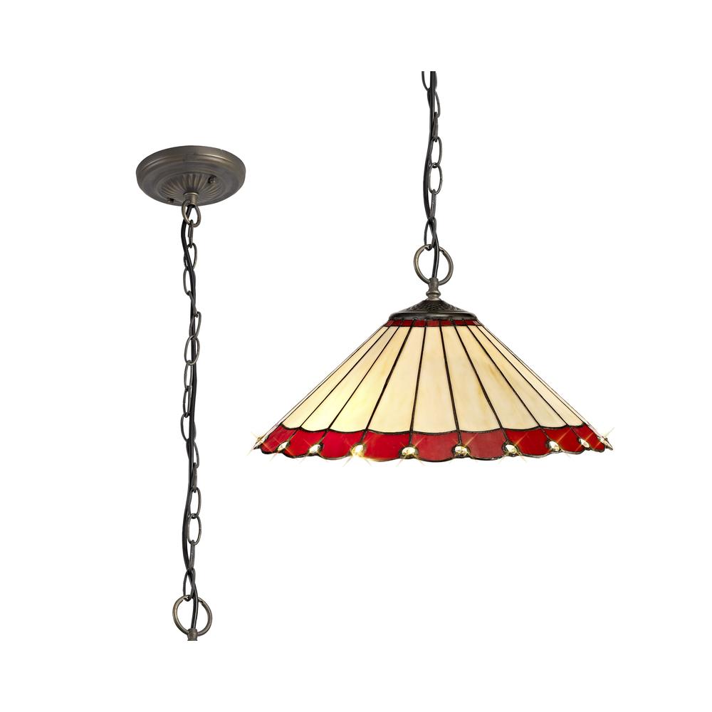 Luxuria Sleek 40.5cm 3 Light Downlighter Pendant E27 With 40cm Tiffany Shade Red/Cream/Crystal/Aged Antique Brass