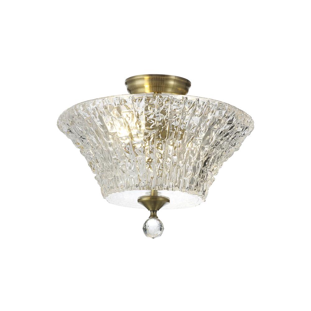 Luxuria Sirius Flush Ceiling Light 2xE27 With Round 38cm Patterned Glass Shade Antique Brass/Clear