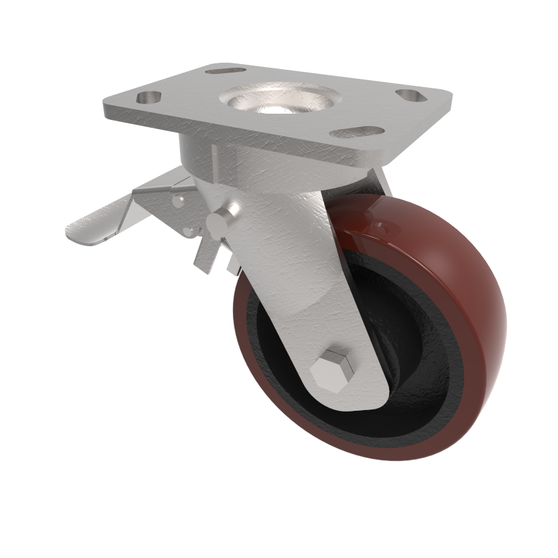 Polyurethane Cast Iron Plate Swivel Castor Brake 125mm 500kg Load