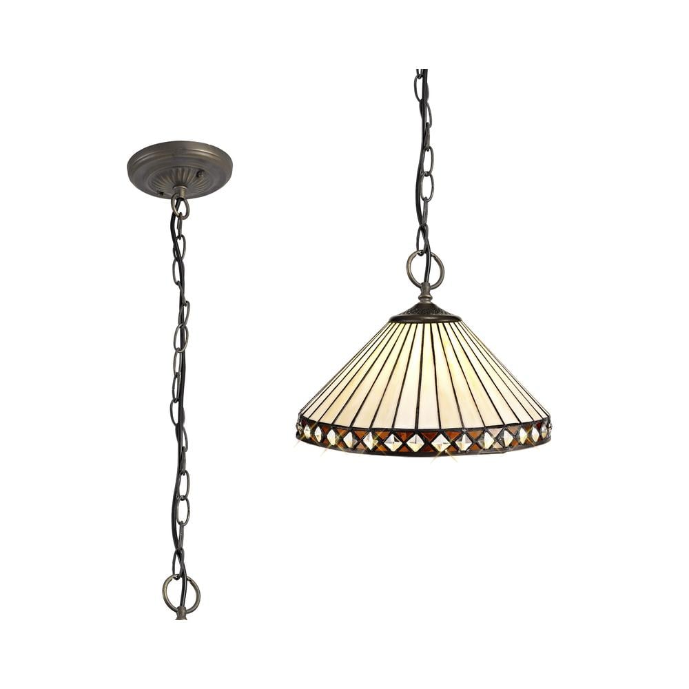 Luxuria Peacock Feather 30.5cm 3 Light Downlighter Pendant E27 With 30cm Tiffany Shade Amber/Cream/Crystal/Aged Antique Brass