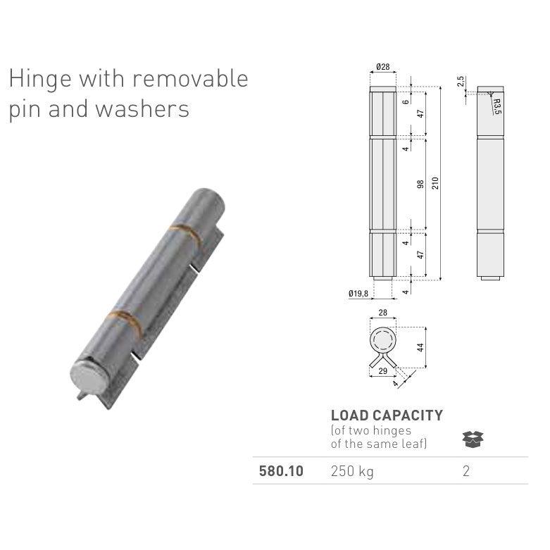 Beninca 580.10 Bi-fold hinge with removable pin and washer 250KG (2)