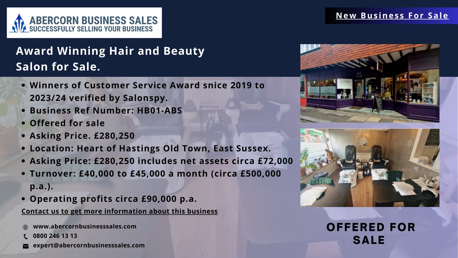 HB01-ABS - Award Winning Hair and Beauty Salon Offered for Sale