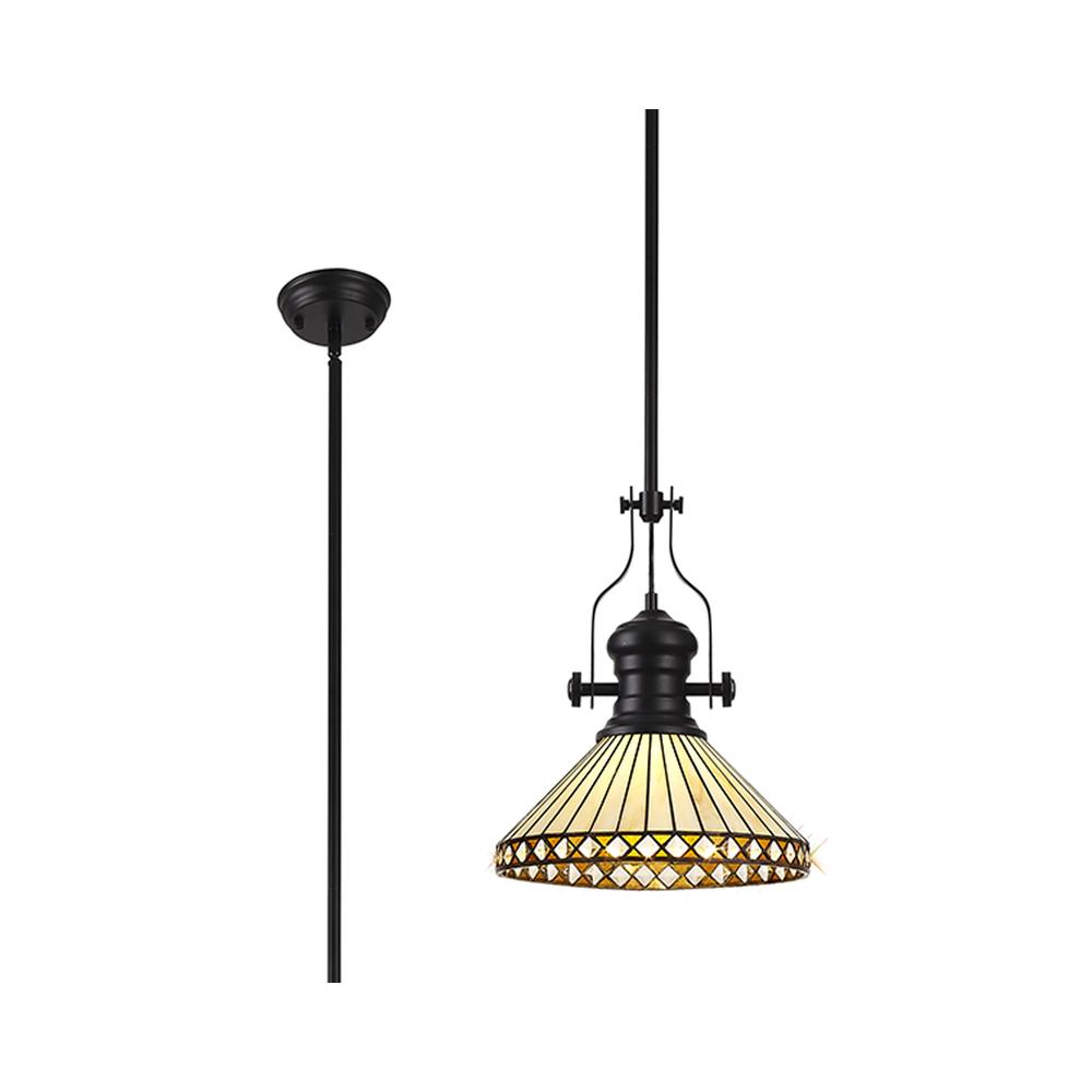 Luxuria Peacock Feather 30.5cm Pendant Light E27 With 30cm Tiffany Shade Matt Black/Amber/Cream/Crystal