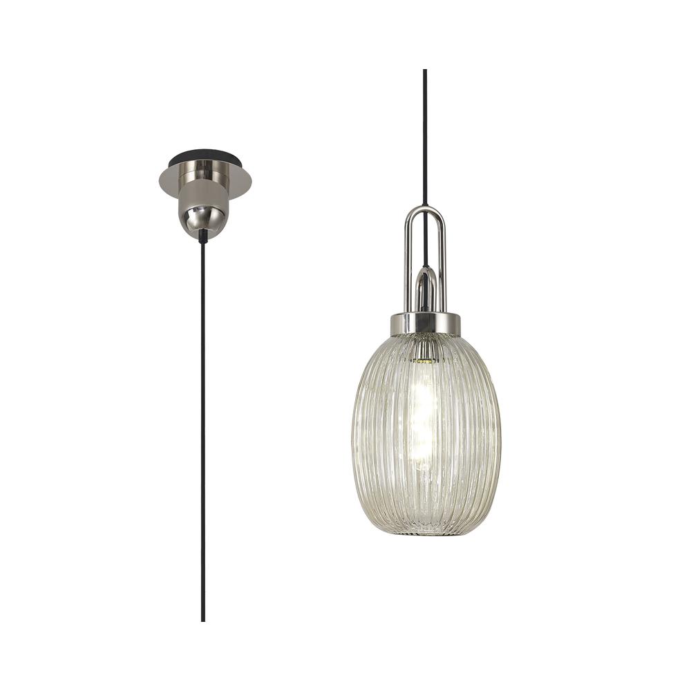 Luxuria Kennith Pendant Light E27 With 20cm Almond Ribbed Glass Champagne Polished Nickel/Matt Black