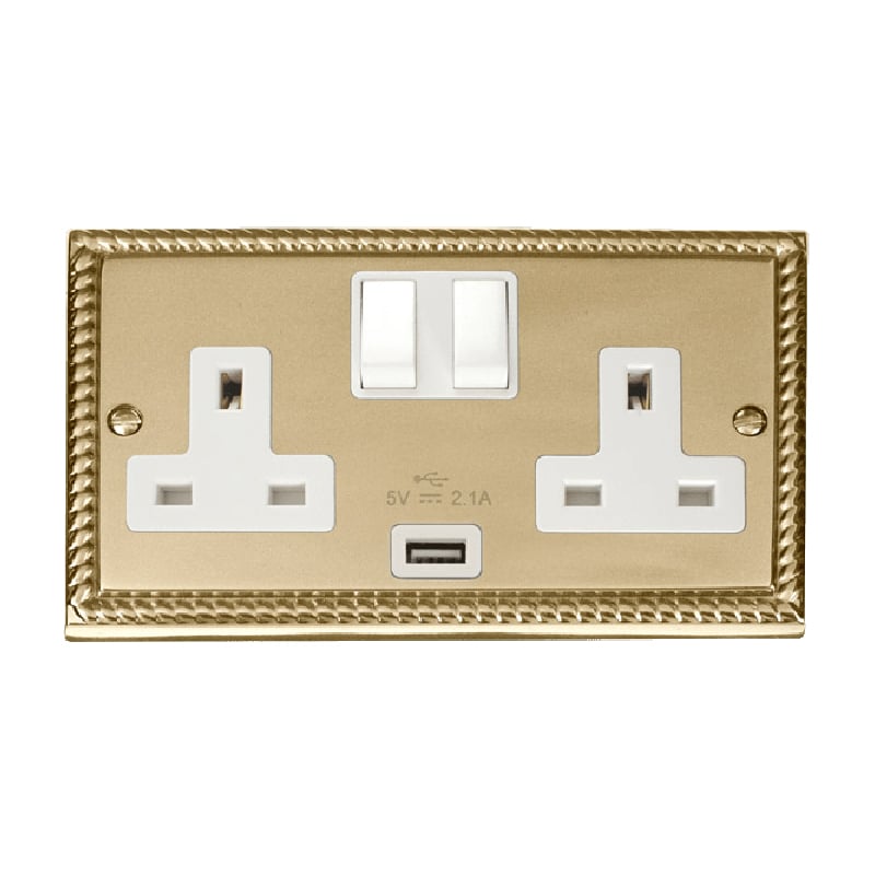  Click Deco Roped Edge Polished Brass 13A 2G Switched Socket With 2.1A USB Outlets White
