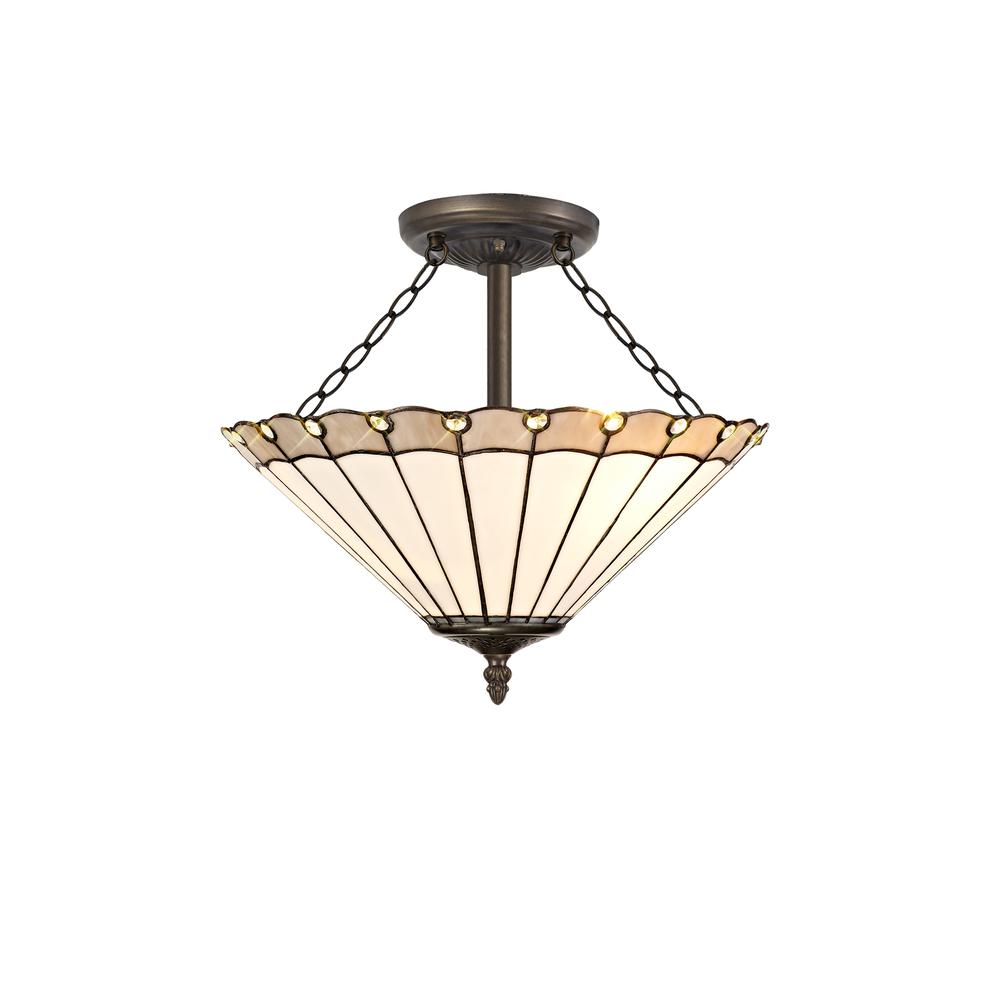 Luxuria Sleek 40.5cm 3 Light Semi Flush E27 With 40cm Tiffany Shade Grey/Cream/Crystal/Aged Antique Brass