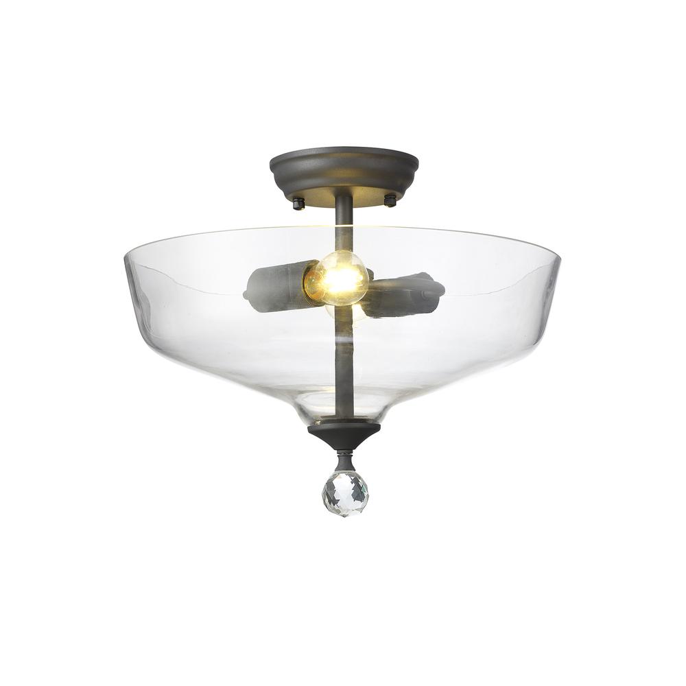 Luxuria Sirius Flush Ceiling Light 2xE27 With Flat Round 38cm Glass Shade Graphite/Clear