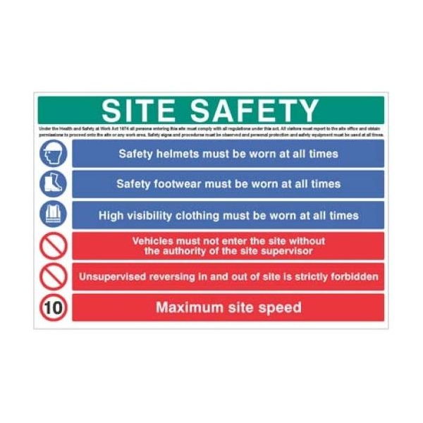 Site Safety Board - Hard Hat, Hi-Vis, Boots, 10mph - Recyclable PET
