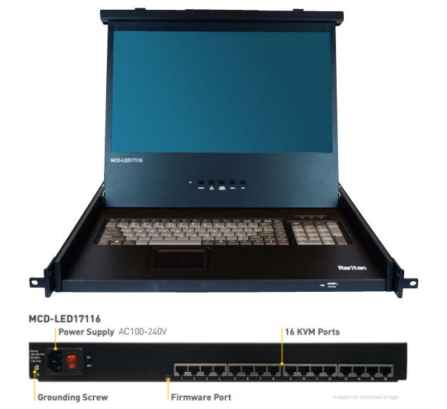 MCD-LED17116 Raritan (MCD-LED) MasterConsole Digital 17&#34; LED Console Drawer & 16 KVM switch UTP 1920 x 1200 75Hz (VGA)/1920 x 1080 60Hz (DVI) Video Resolution (DVI KVM Switch) HDMI KVM, DisplayPort KVM